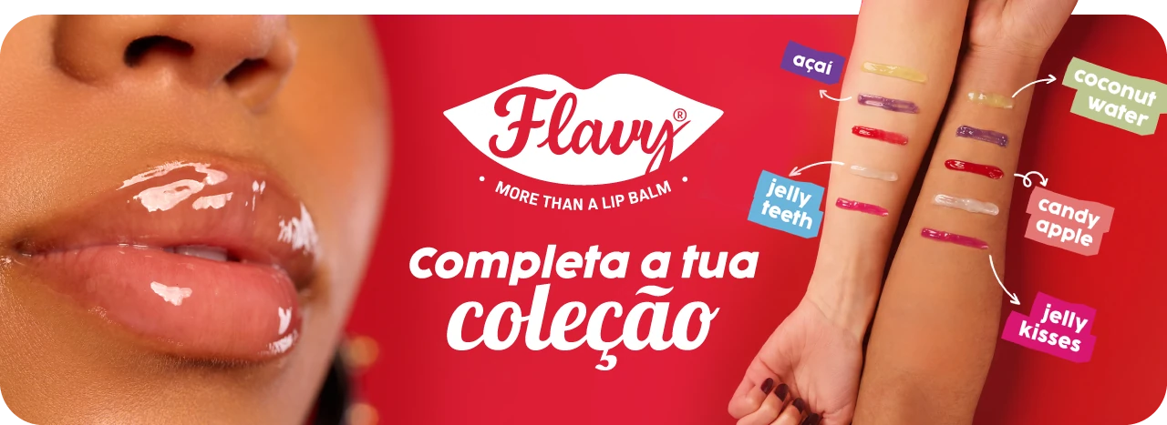 Imagem oficial Flavy com lábios brilhantes e amostras das cinco versões em dois braços.