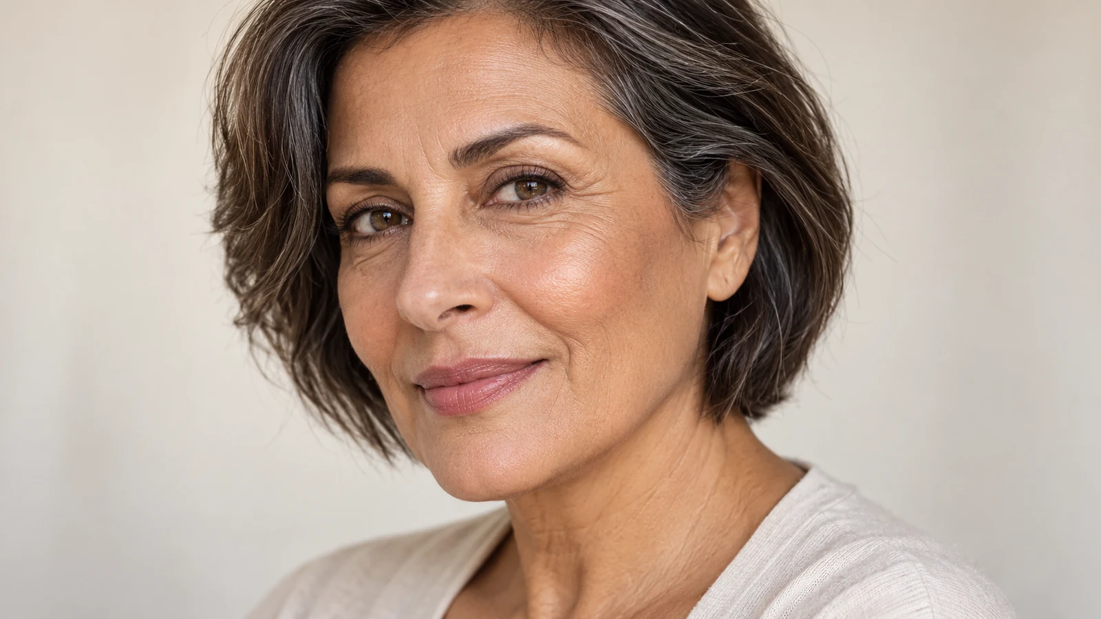 Mulher de cabelo curto com fios grisalhos, linhas naturais visíveis e luminosidade suave na parte superior da maçã do rosto.
