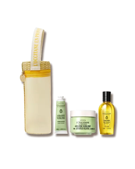 Bolsa Descoberta Amêndoa L’Occitane com óleo de duche, leite de corpo e creme de mãos.