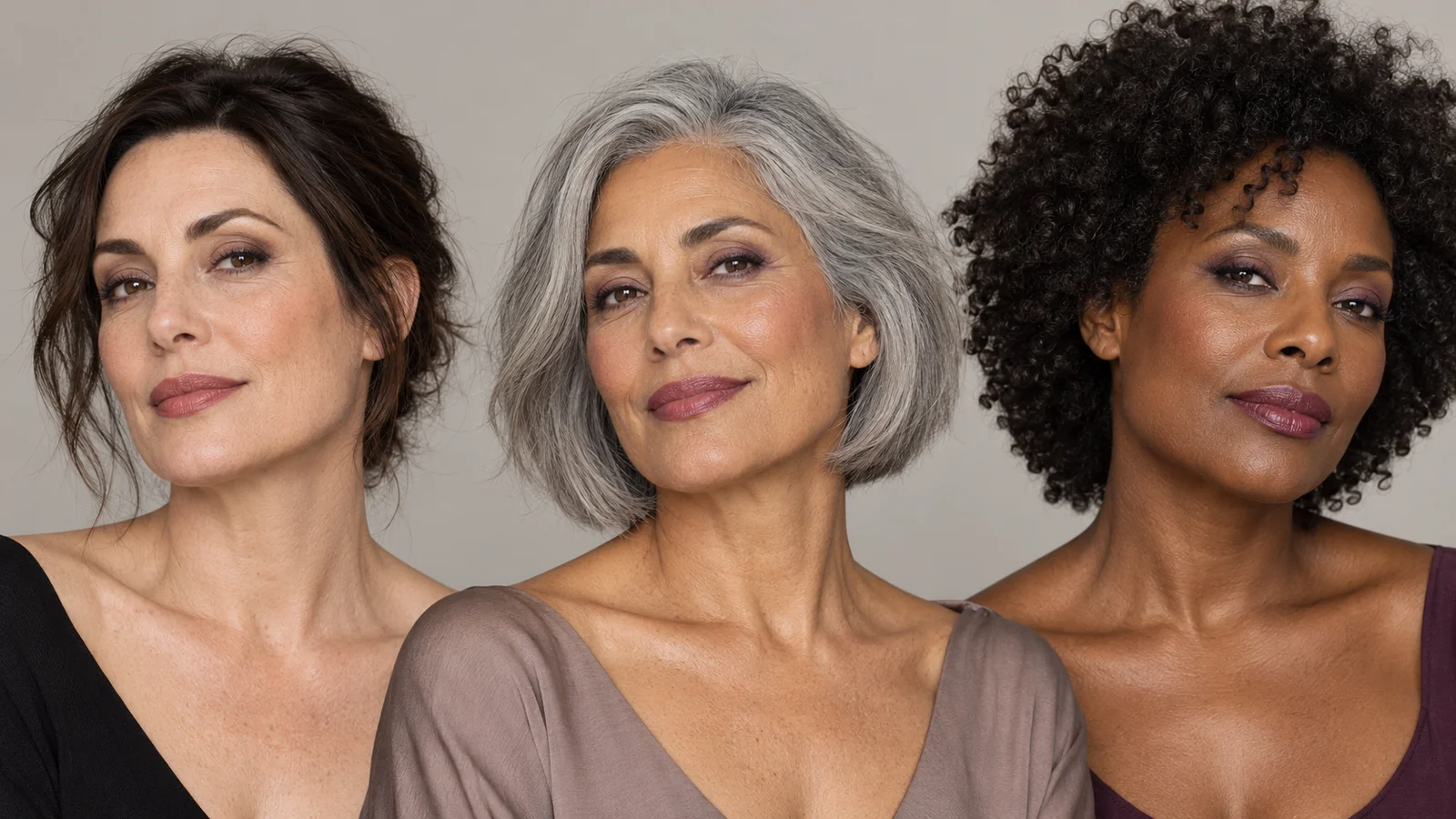 Três propostas de maquilhagem em tons frios: taupe, malva e ameixa em diferentes tons de pele