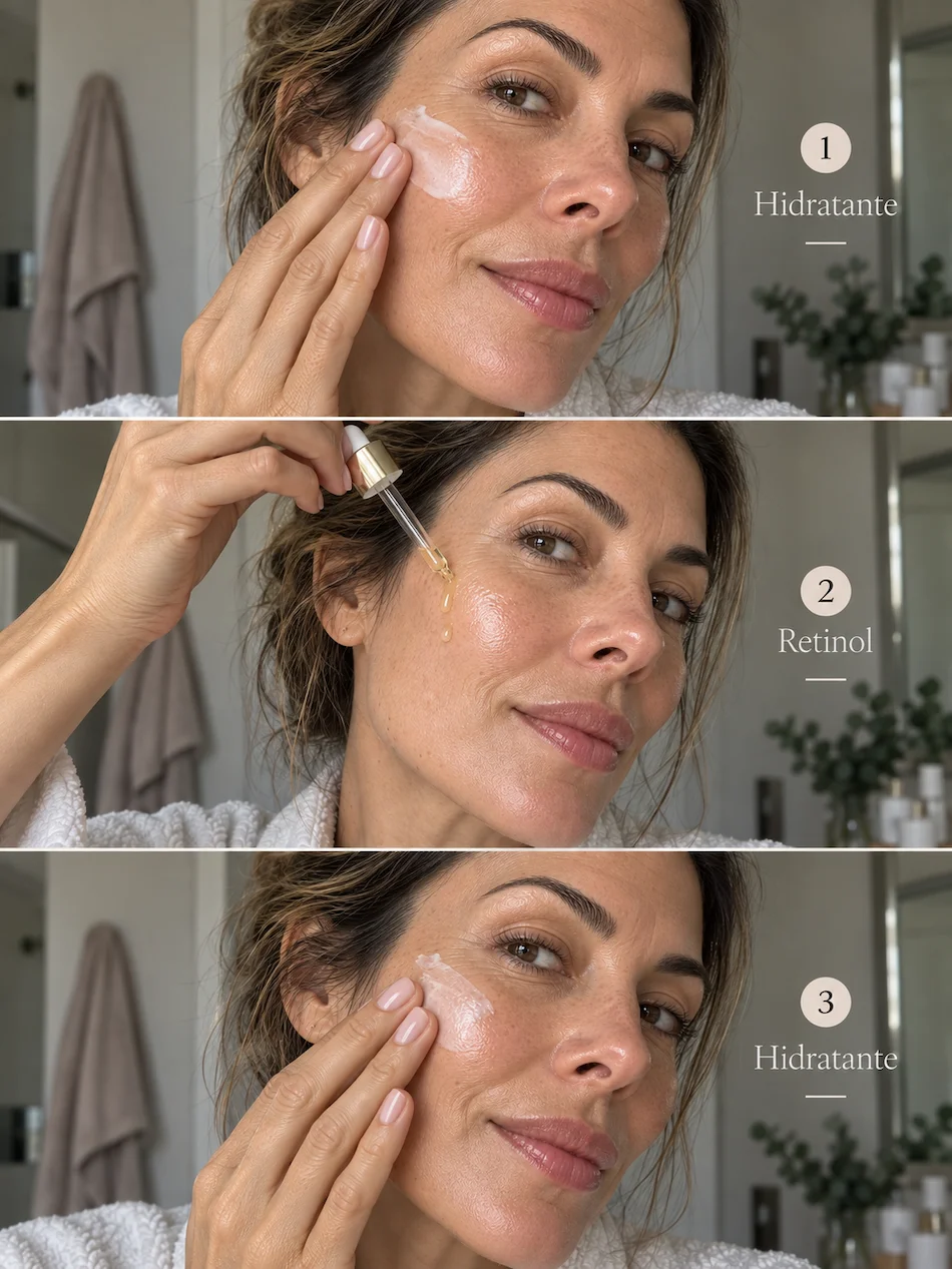 Mulher a demonstrar o método sanduíche do retinol em três passos: hidratante, retinol e uma segunda camada de hidratante.