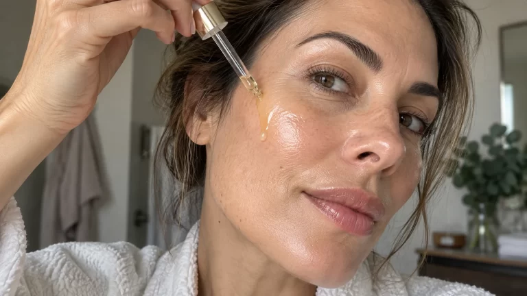 Mulher de 44 anos a aplicar sérum com conta-gotas no rosto, em ambiente de casa, ilustrando o início de uma rotina com retinol.