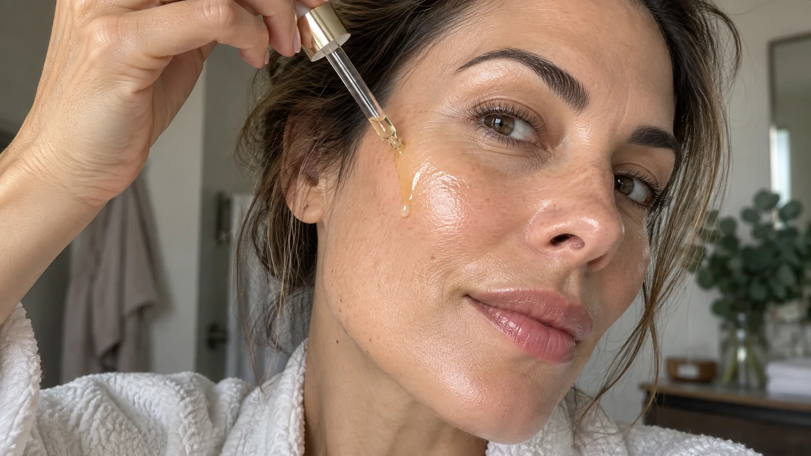 Mulher de 44 anos a aplicar sérum com conta-gotas no rosto, em ambiente de casa, ilustrando o início de uma rotina com retinol.