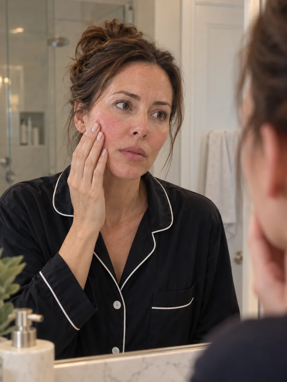 Mulher de 44 anos a observar no espelho uma zona de vermelhidão ligeira na face, ilustrando sinais de irritação associados ao uso de retinol.