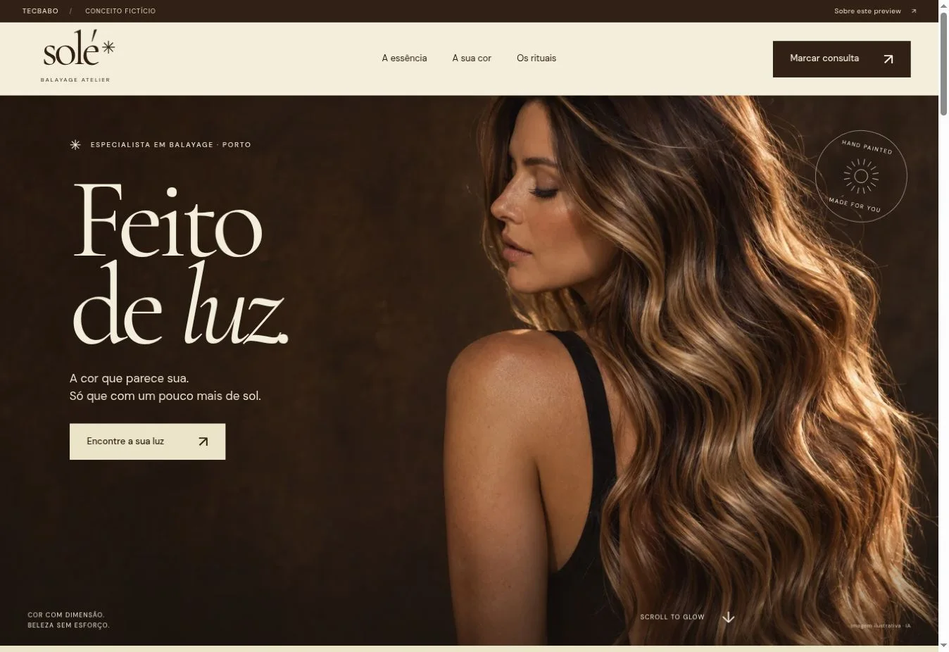 Exemplo SOLÉ de um site para cabeleireiro, apresentado num computador portátil