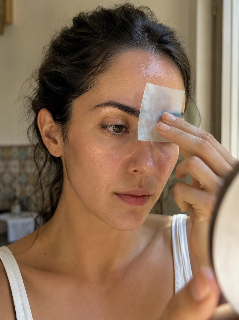 mulher a pressionar delicadamente uma folha absorvente sobre a zona T