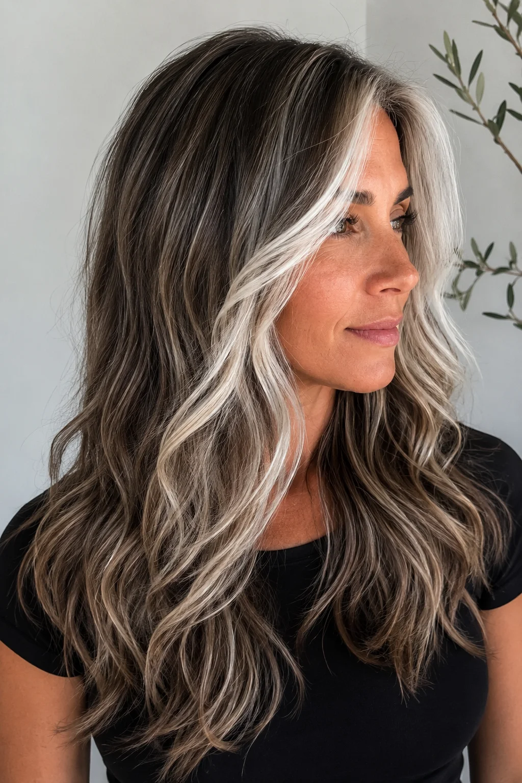 Mulher com cabelo castanho comprido e Grey Blending, com madeixas prateadas e cabelos brancos integrados na cor natural.
