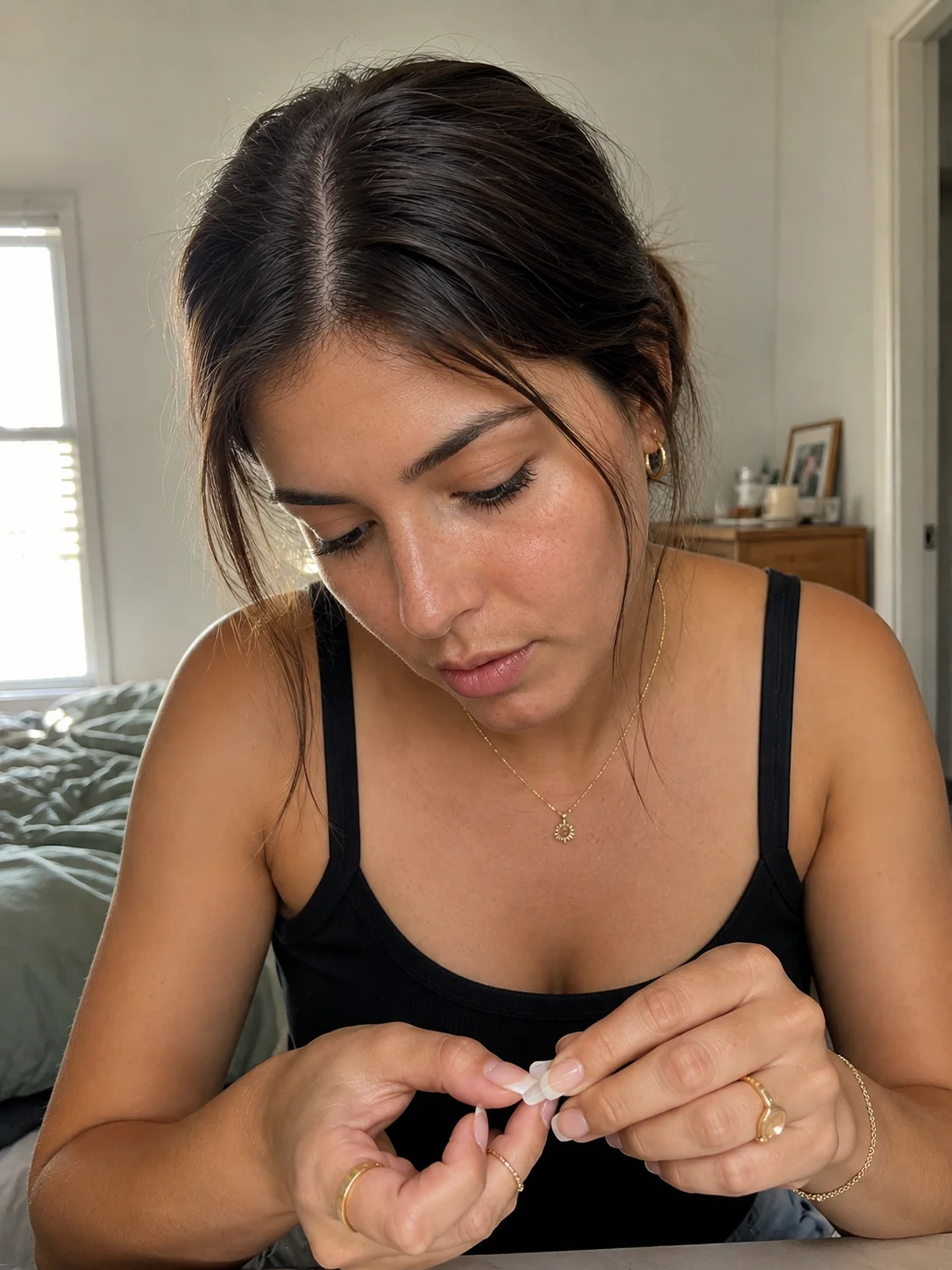 Mulher a aplicar uma Press-On Nail em casa