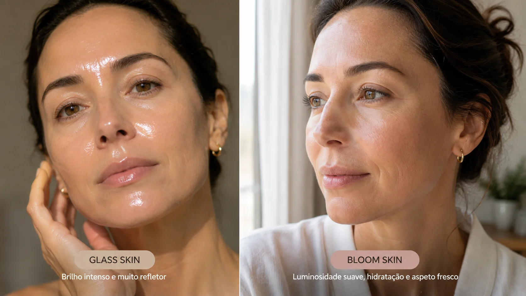 Comparação entre glass skin, com brilho intenso e muito refletor, e bloom skin, com luminosidade suave, hidratação e textura natural visível.