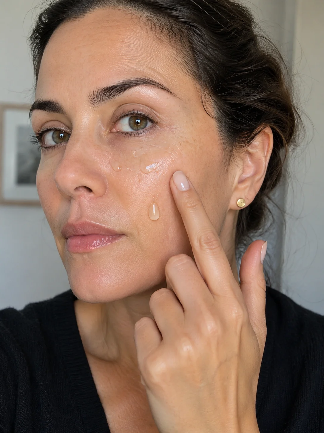 Mulher madura a aplicar sérum hidratante no rosto com pele natural e textura visível