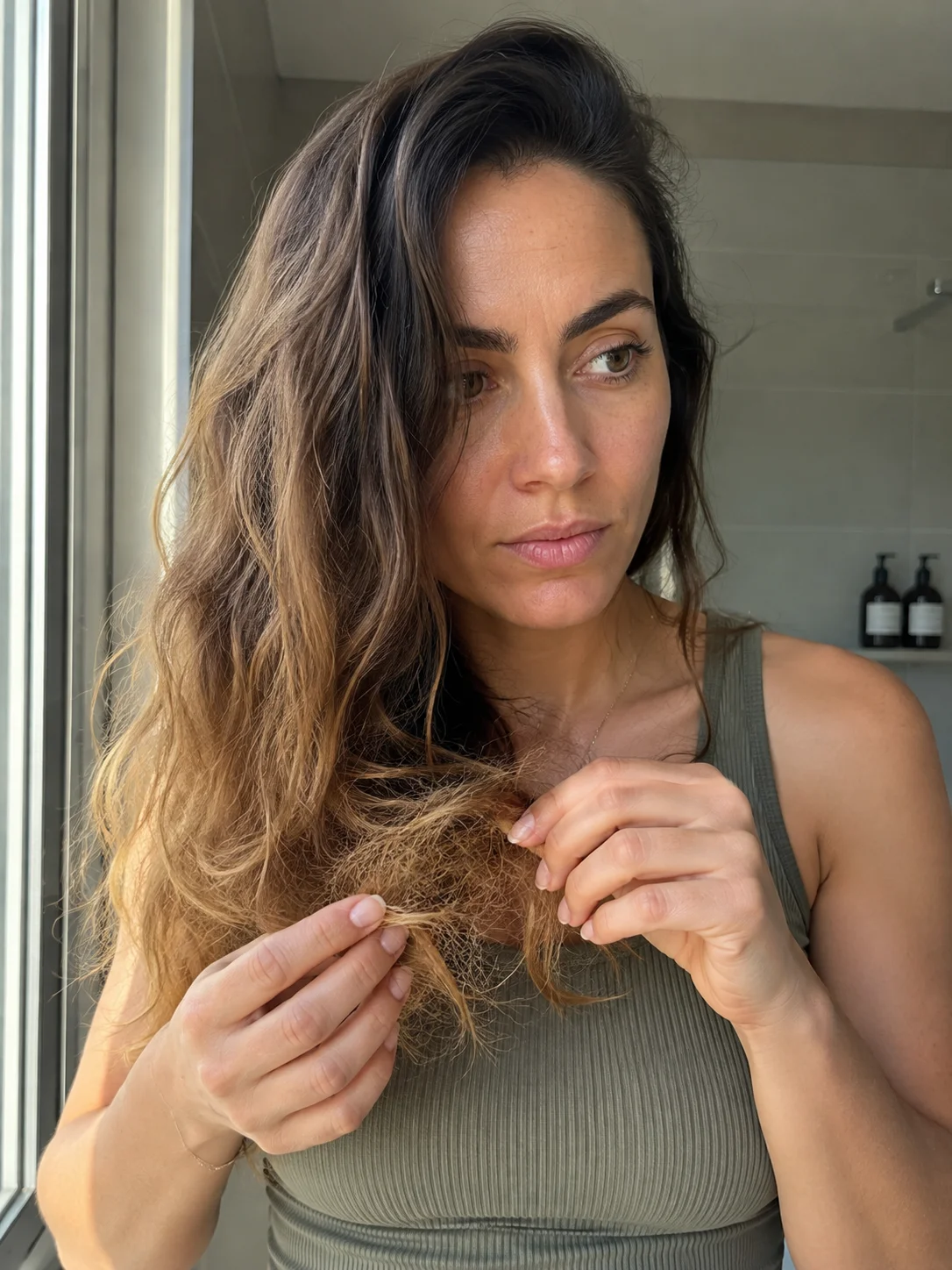 Mulher observa as pontas secas e quebradiças do cabelo ondulado
