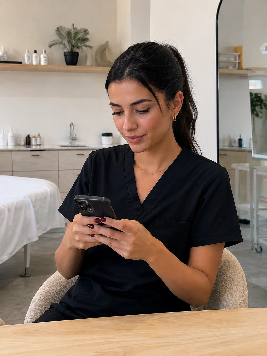 Como transformar seguidores em clientes. Profissional de beleza de uniforme preto utiliza o telemóvel sentada num espaço de estética moderno.