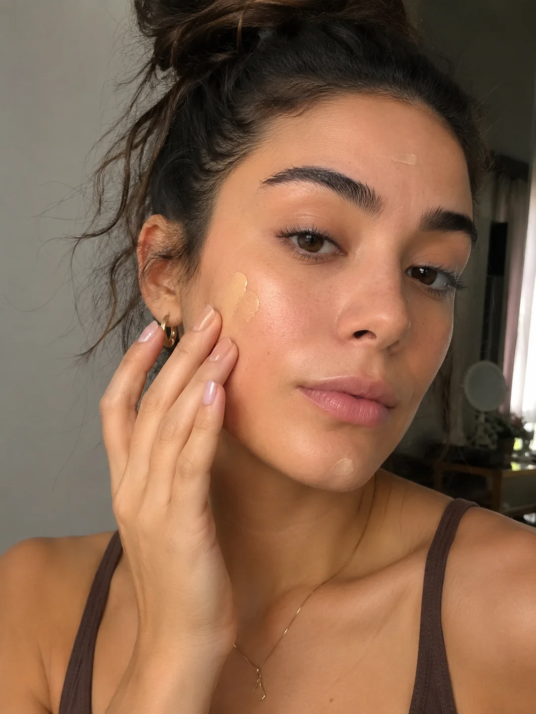 Mulher a aplicar base leve com os dedos, mantendo a textura natural da pele