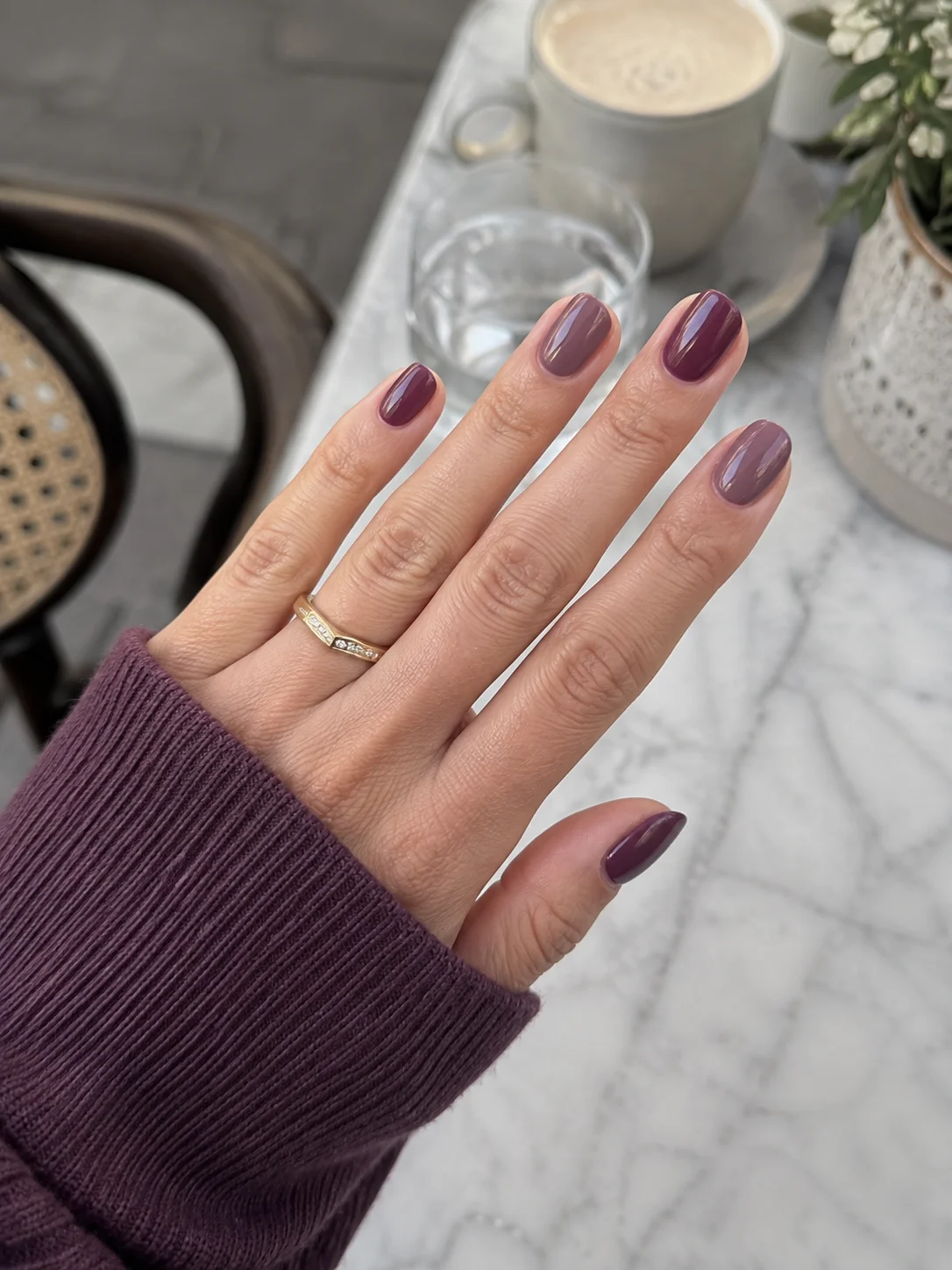 Mão com unhas curtas pintadas em tons de ameixa e mauve com acabamento brilhante.