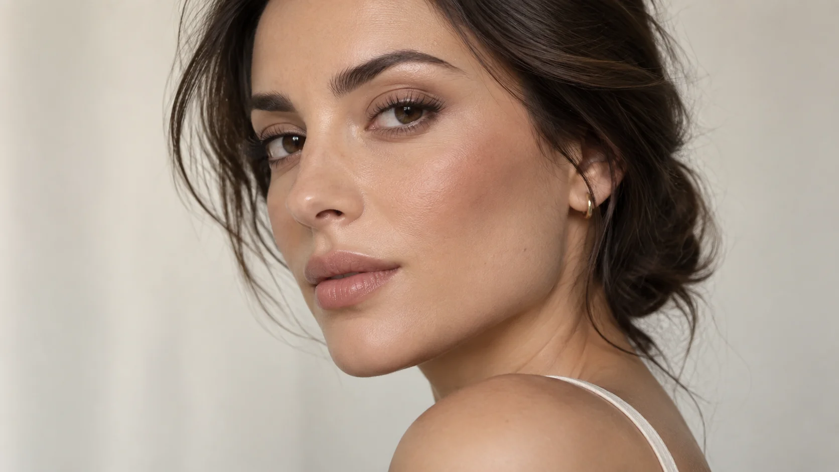 Mulher com maquilhagem natural e blush castanho-rosado suave, bem esbatido nas maçãs do rosto.