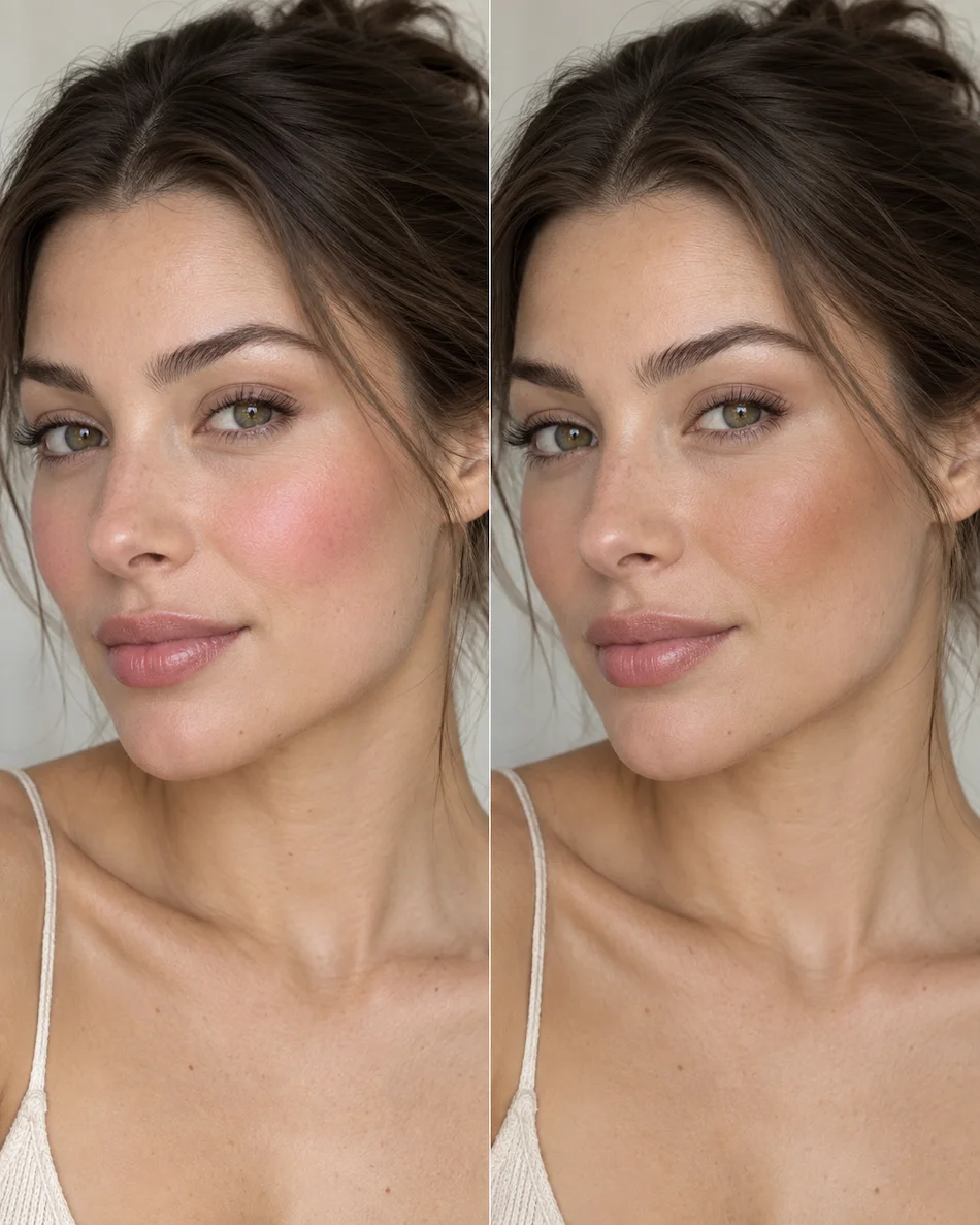 Comparação lado a lado entre blush rosa tradicional e anti-blush castanho-rosado no mesmo rosto.