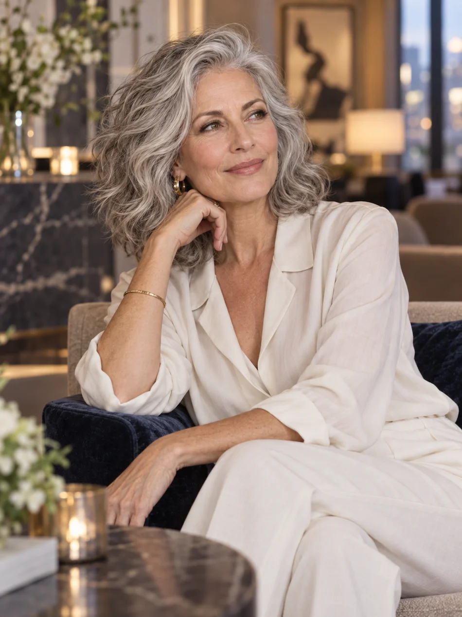 Mulher com cabelo grisalho em ondas largas e soltas, com volume natural e corte definido