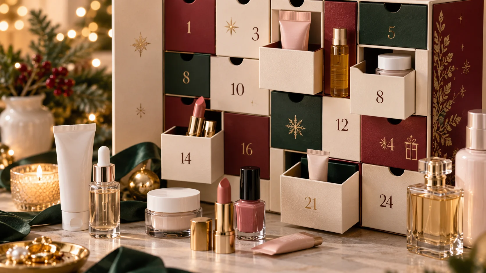 Calendário do Advento de beleza com gavetas numeradas e vários cosméticos, incluindo sérum, creme, batom, verniz e perfume.