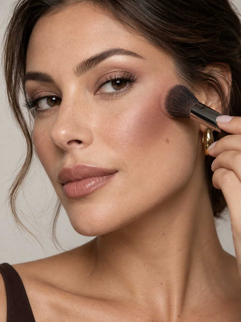 Mulher a aplicar anti-blush castanho-rosado com pincel, ligeiramente acima e para trás nas maçãs do rosto.