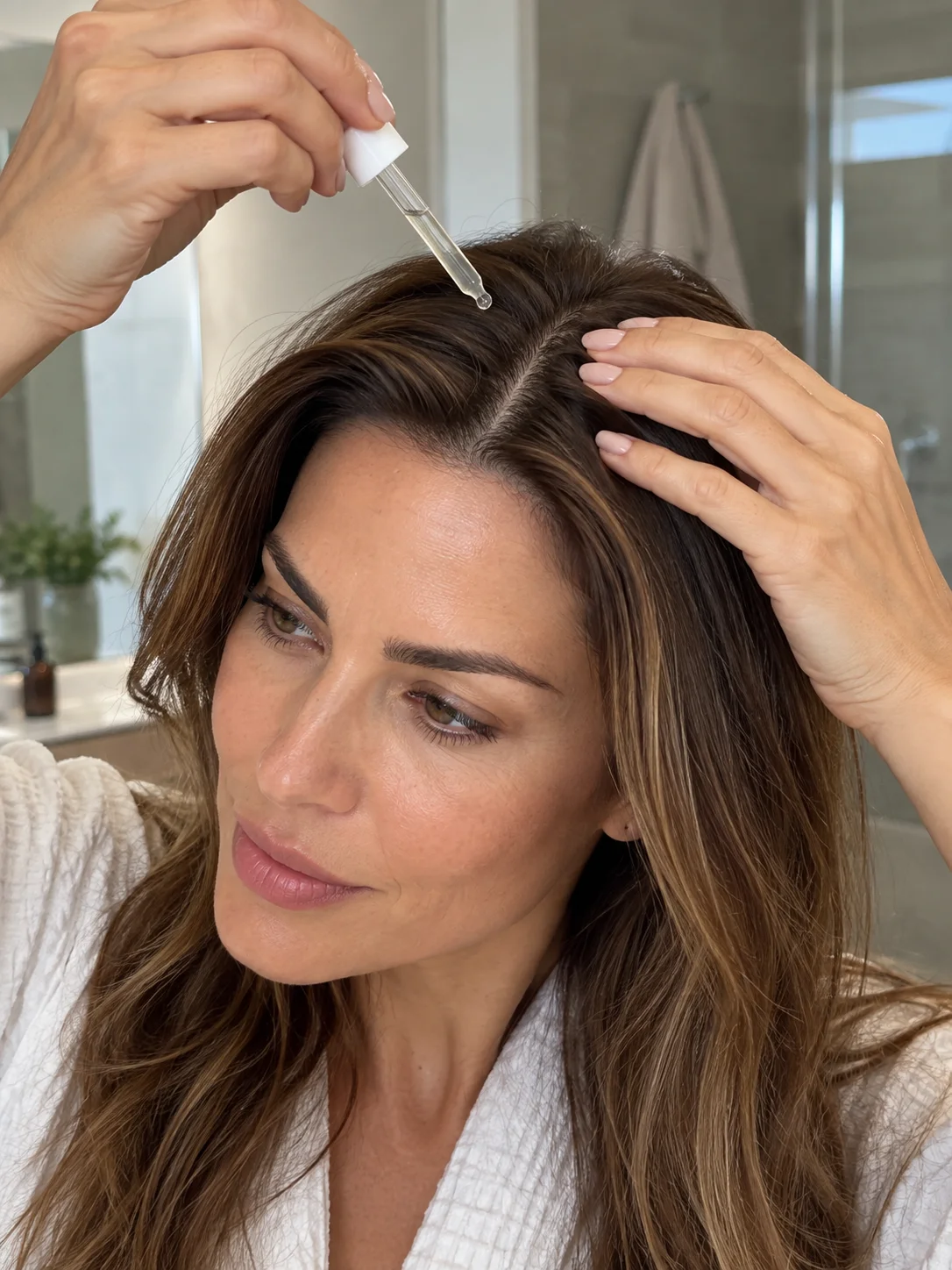 Mulher a separar o cabelo numa risca e a aplicar gotas de sérum diretamente no couro cabeludo com um conta-gotas.