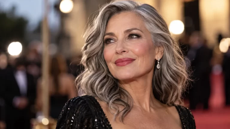 Mulher com mais de 50 anos com cabelo grisalho ondulado, pele luminosa e maquilhagem suave num ambiente de passadeira vermelha