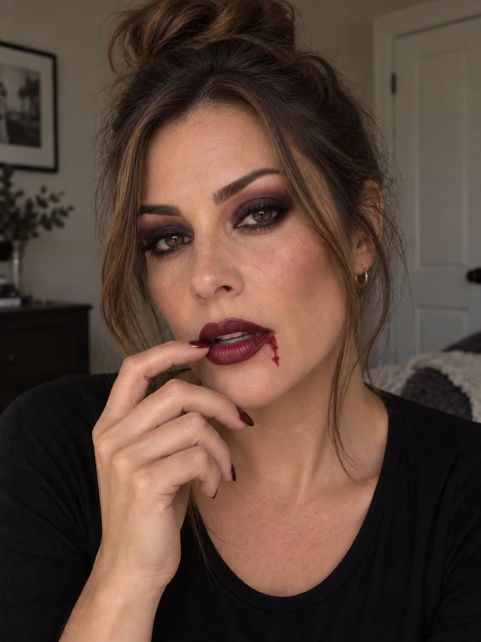 Mulher com maquilhagem de vampira simples, olhos esfumados escuros e batom vinho sobre pele natural.