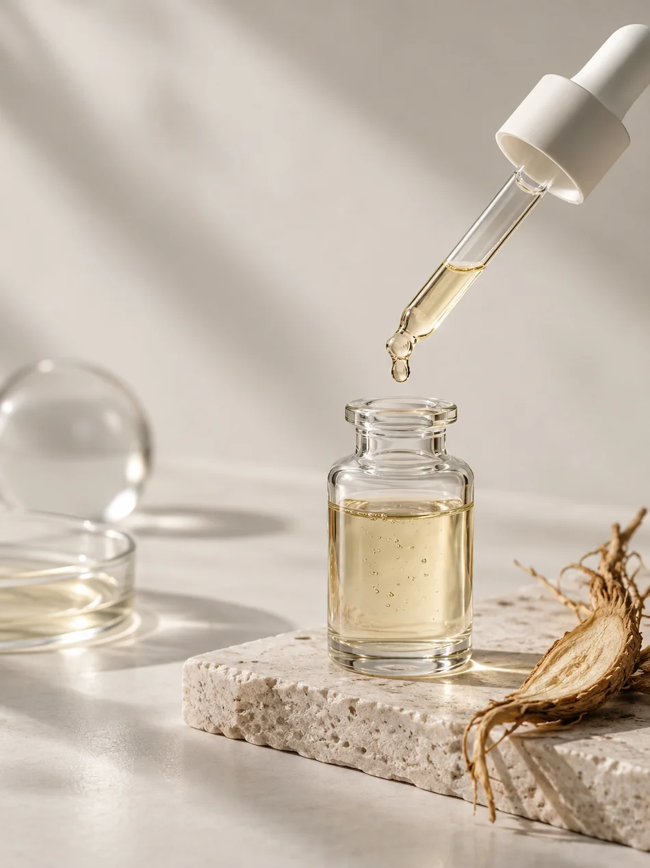 Conta-gotas com sérum dourado sobre um frasco de vidro, acompanhado por uma raiz seca, numa composição editorial de skincare.