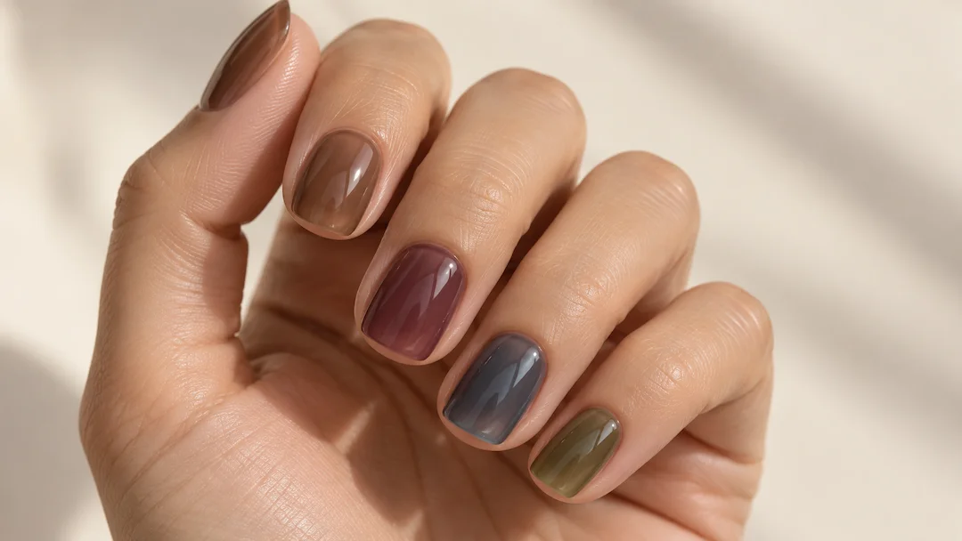 ão com unhas curtas em tons translúcidos de outono, incluindo castanho, ameixa, azul fumado e verde oliva, com acabamento muito brilhante.