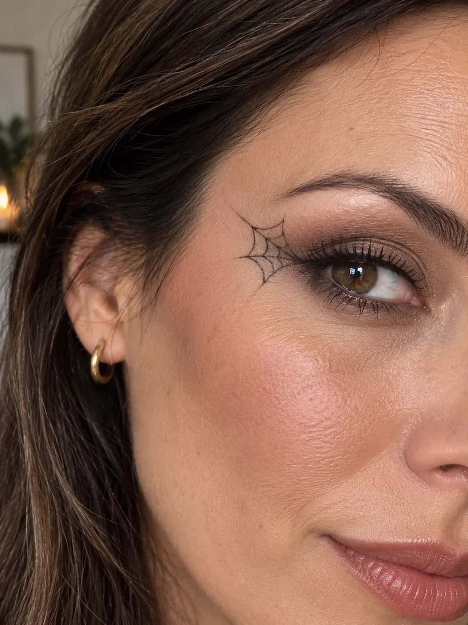 Teia de aranha pequena desenhada com eyeliner junto ao canto exterior do olho.