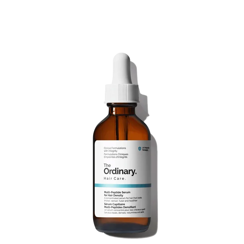 Frasco do Multi-Peptide Serum for Hair Density da The Ordinary, sérum para o couro cabeludo e aparência de cabelo mais denso.