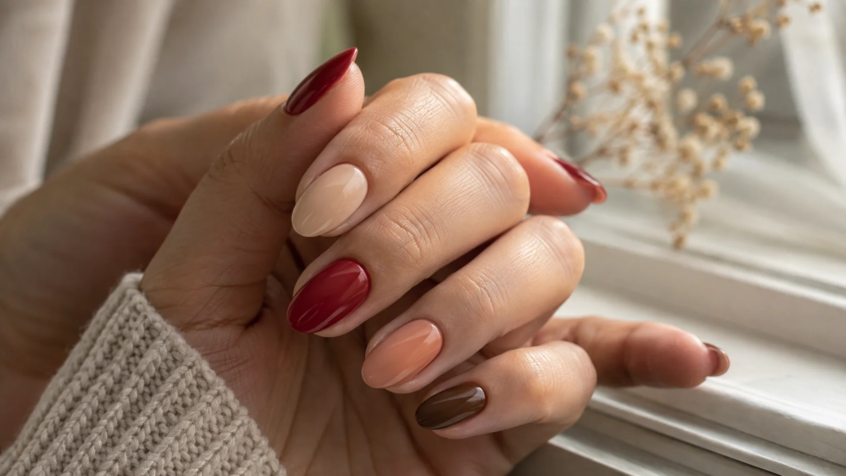 Mão com unhas amendoadas em tons nude, cereja, pêssego e castanho junto a uma janela.