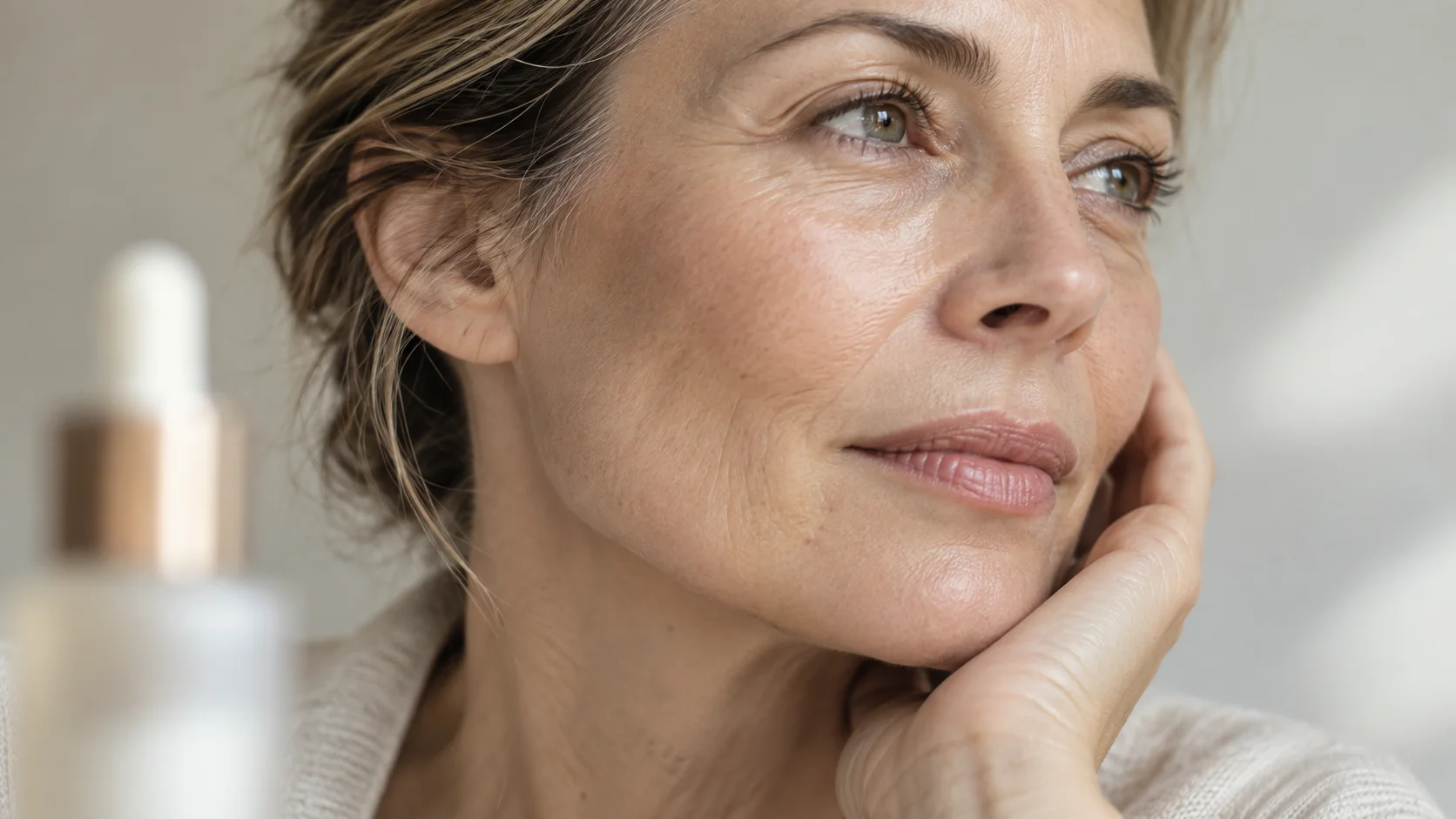 Mulher adulta com pele real e sinais naturais de maturidade, em close-up, ilustrando zonas do rosto onde a perda subtil de volume pode tornar-se mais visível.