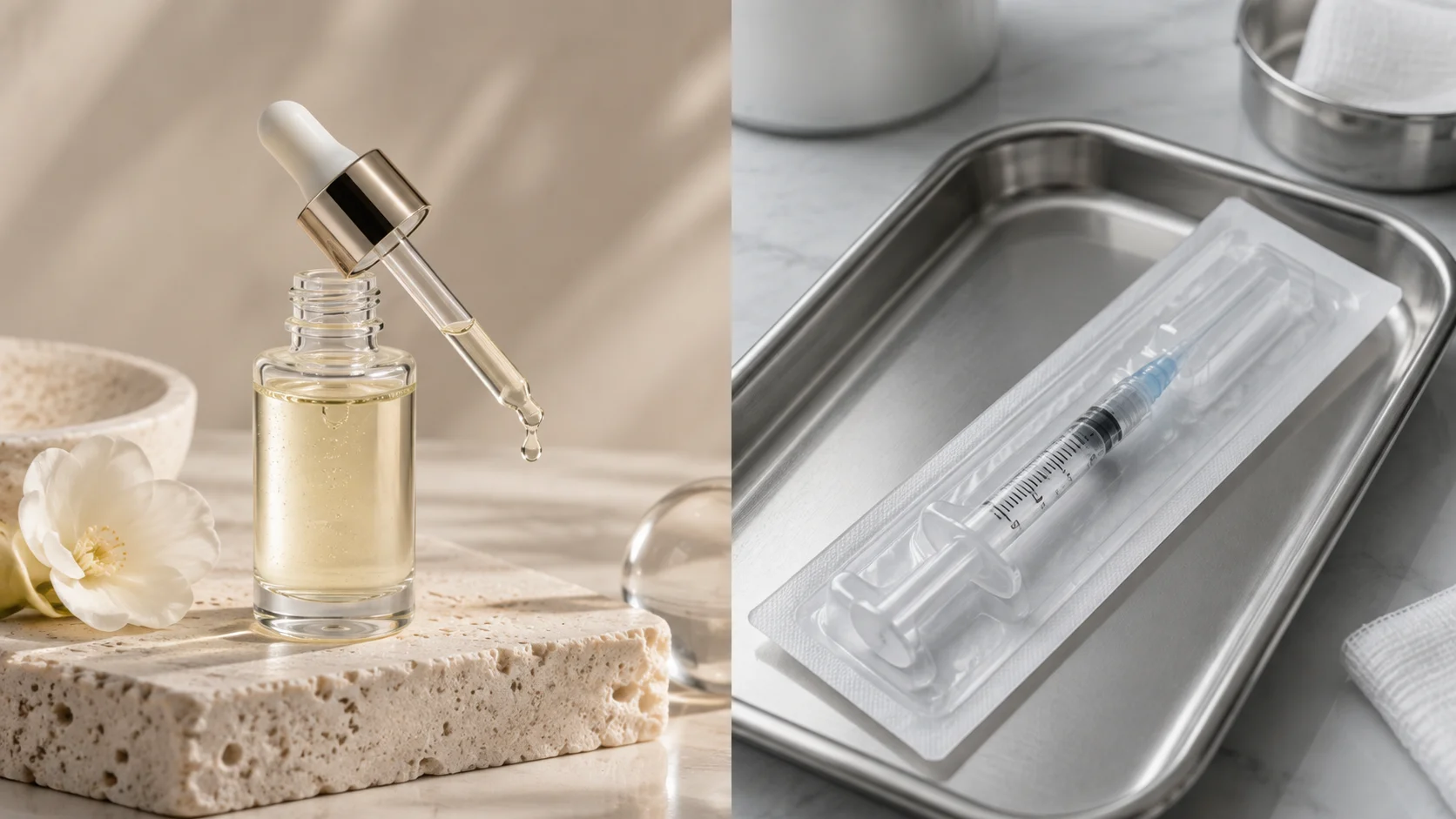 Comparação visual entre um sérum cosmético em conta-gotas e uma seringa de filler dérmico ainda embalada.