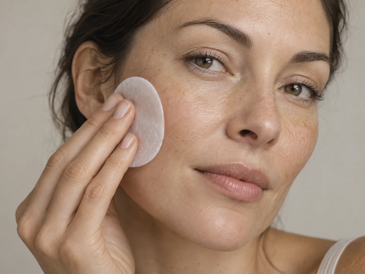 Mulher a encostar um disco de tónico à zona lateral da face, com poros e linhas finas visíveis.